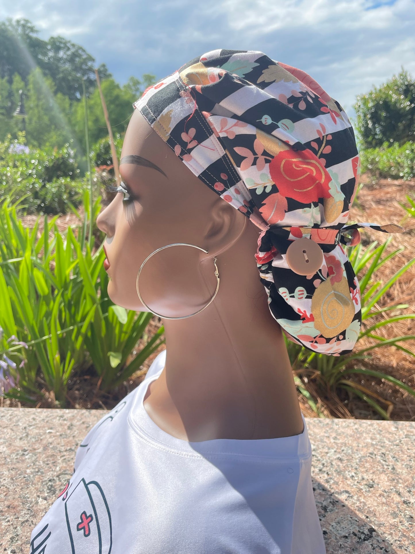 Striped Floral Scrub Cap-Satin lined
