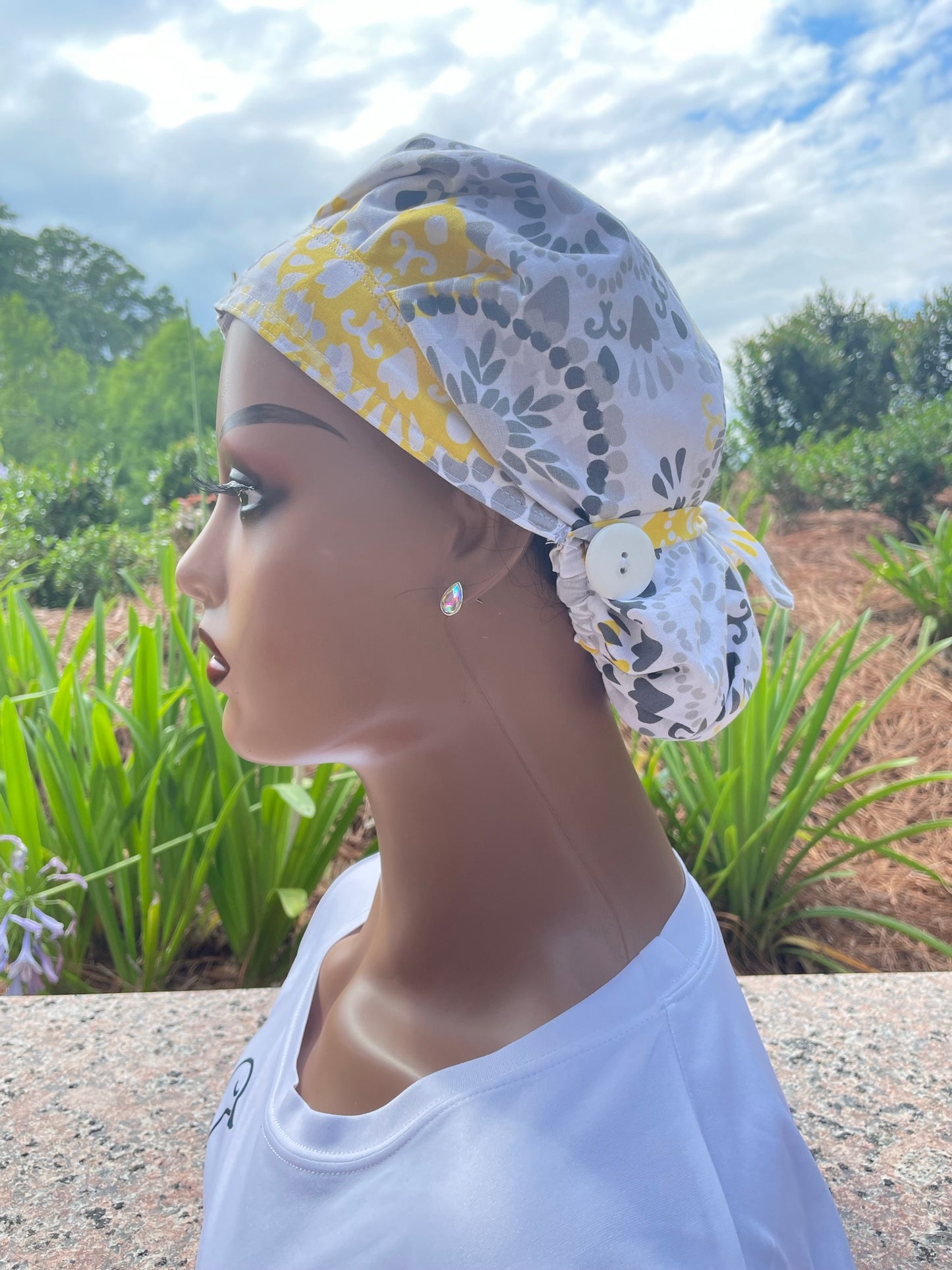 White Scrub Cap with Designs- Satin Lined