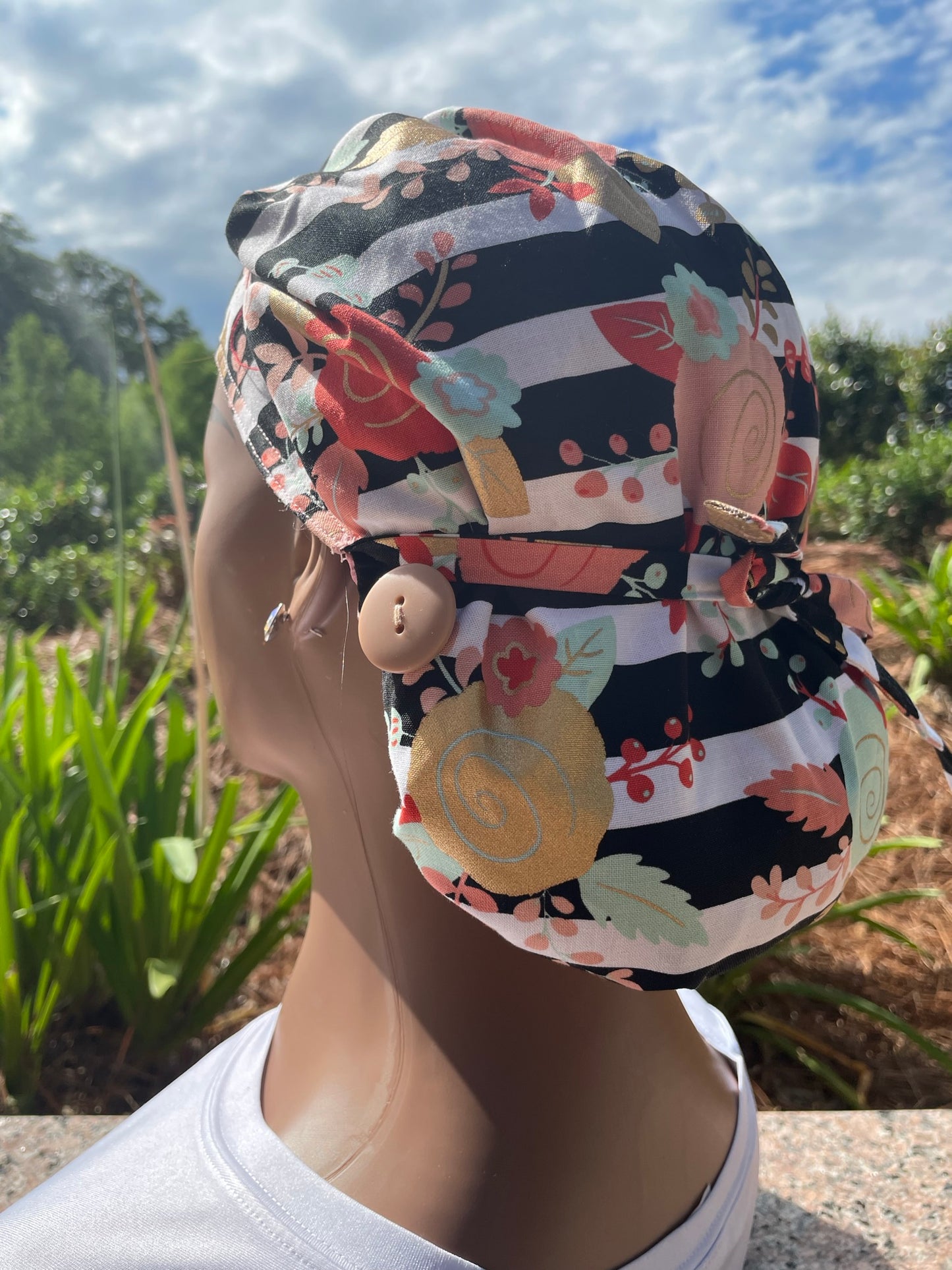 Striped Floral Scrub Cap-Satin lined