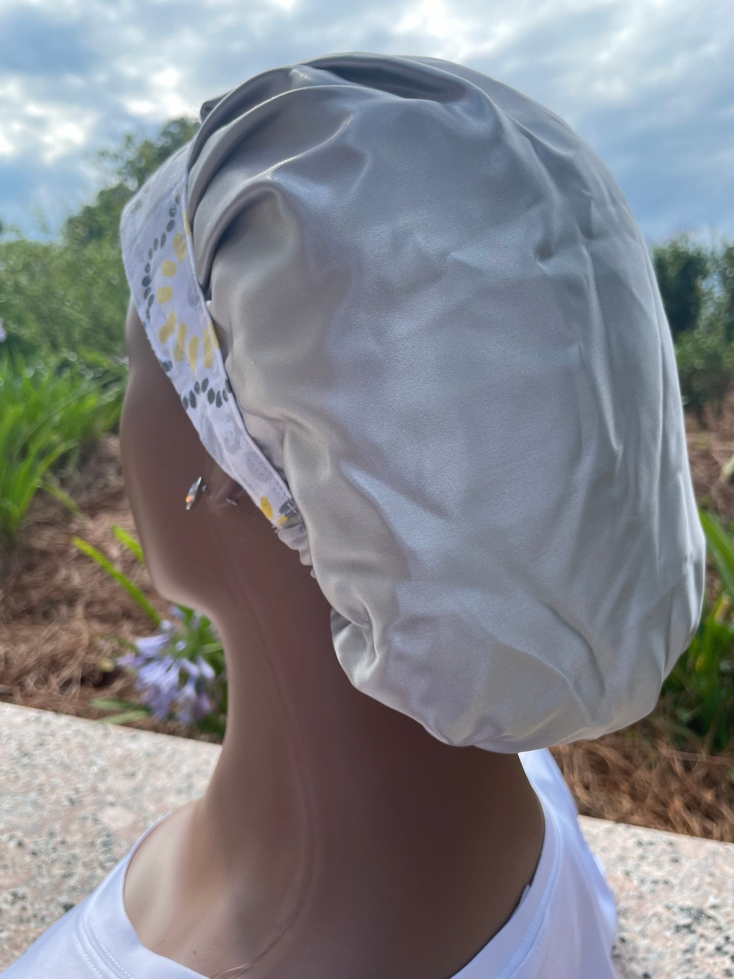 White Scrub Cap with Designs- Satin Lined