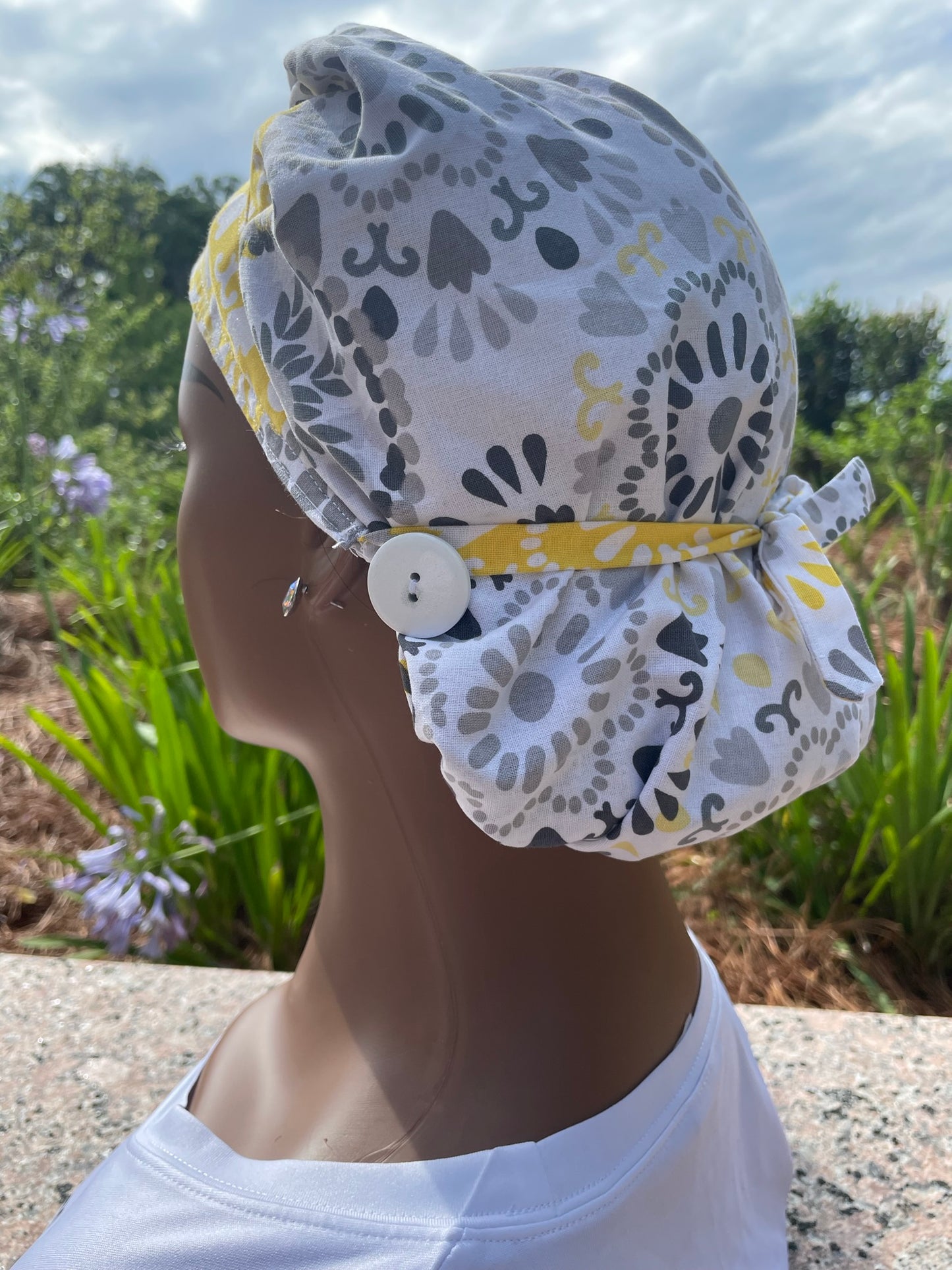 White Scrub Cap with Designs- Satin Lined