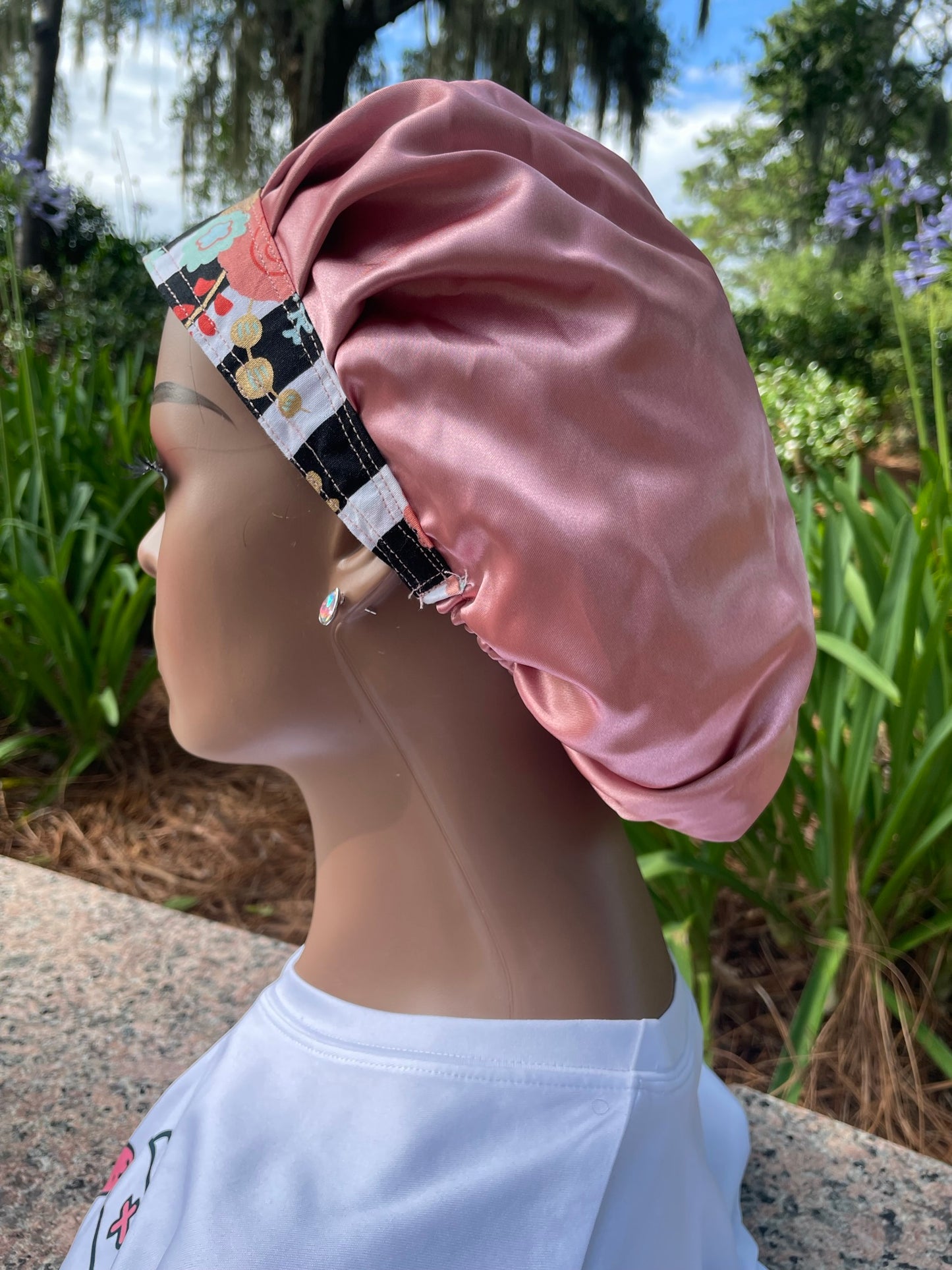 Striped Floral Scrub Cap-Satin lined