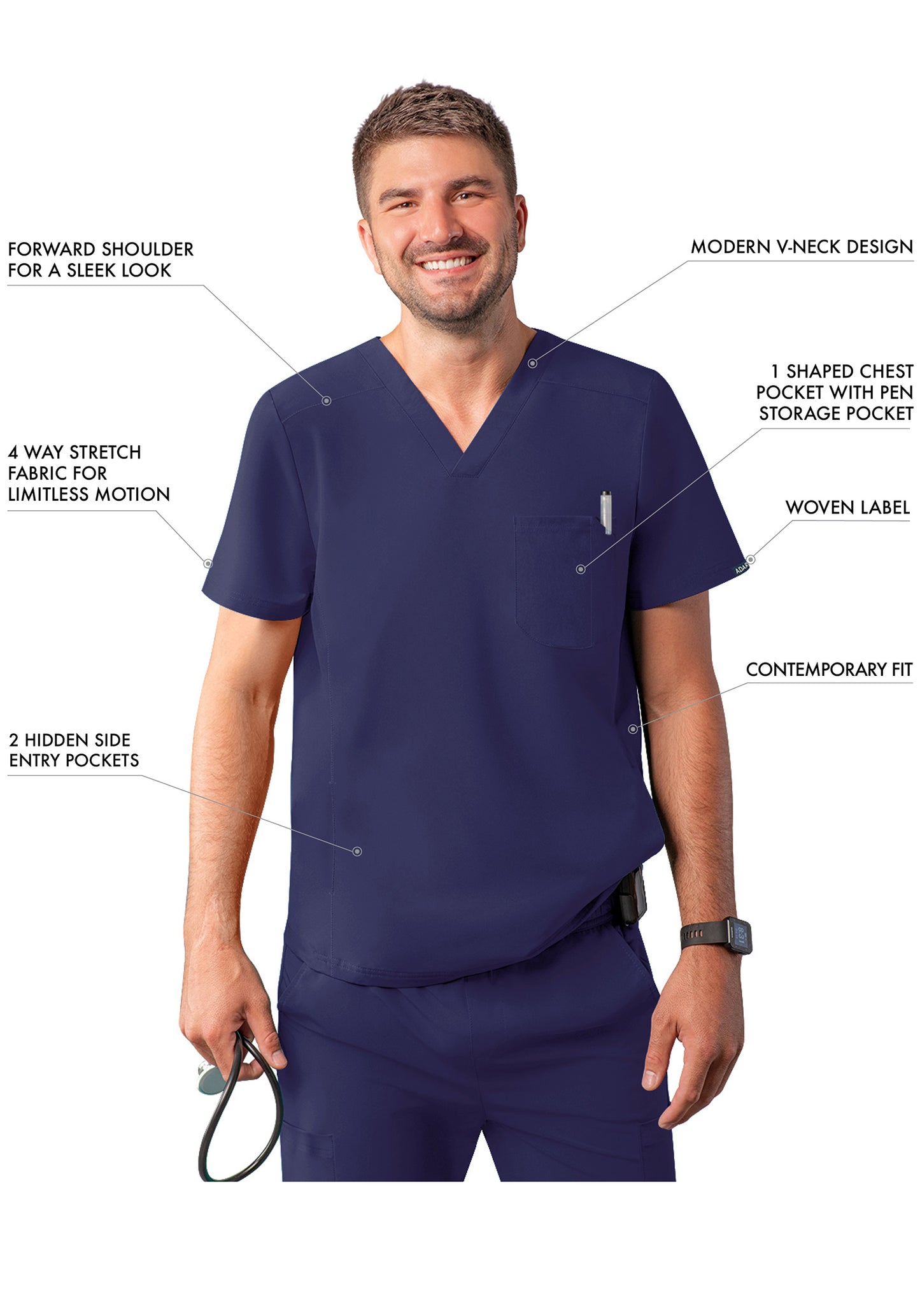 ADAR Addition Men's Modern Multi-pocket V-Neck Scrub Top (A6010)