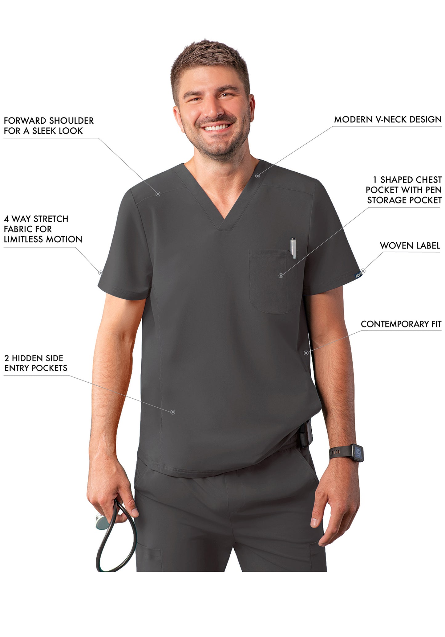 ADAR Addition Men's Modern Multi-pocket V-Neck Scrub Top (A6010)